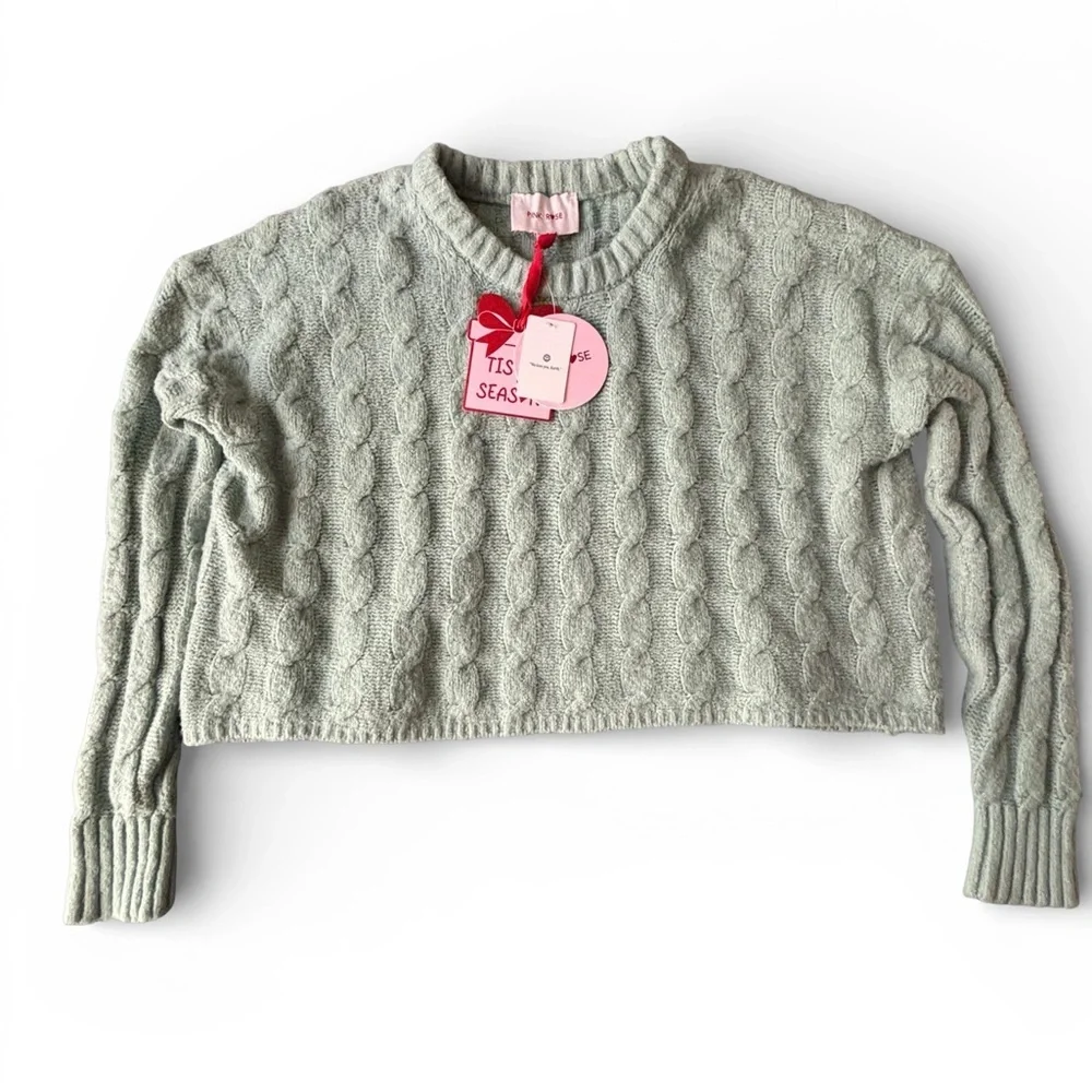 Pink Rose Cable Knit Cropped Sweater Sage Green Size M New